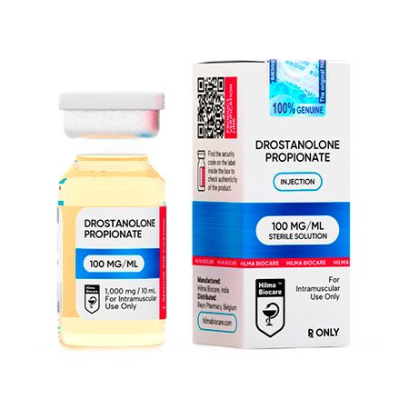 Pharmaceutical vial containing Drostanolone Propionate, 100 milligrams per milliliter, produced by Hilma Biocare